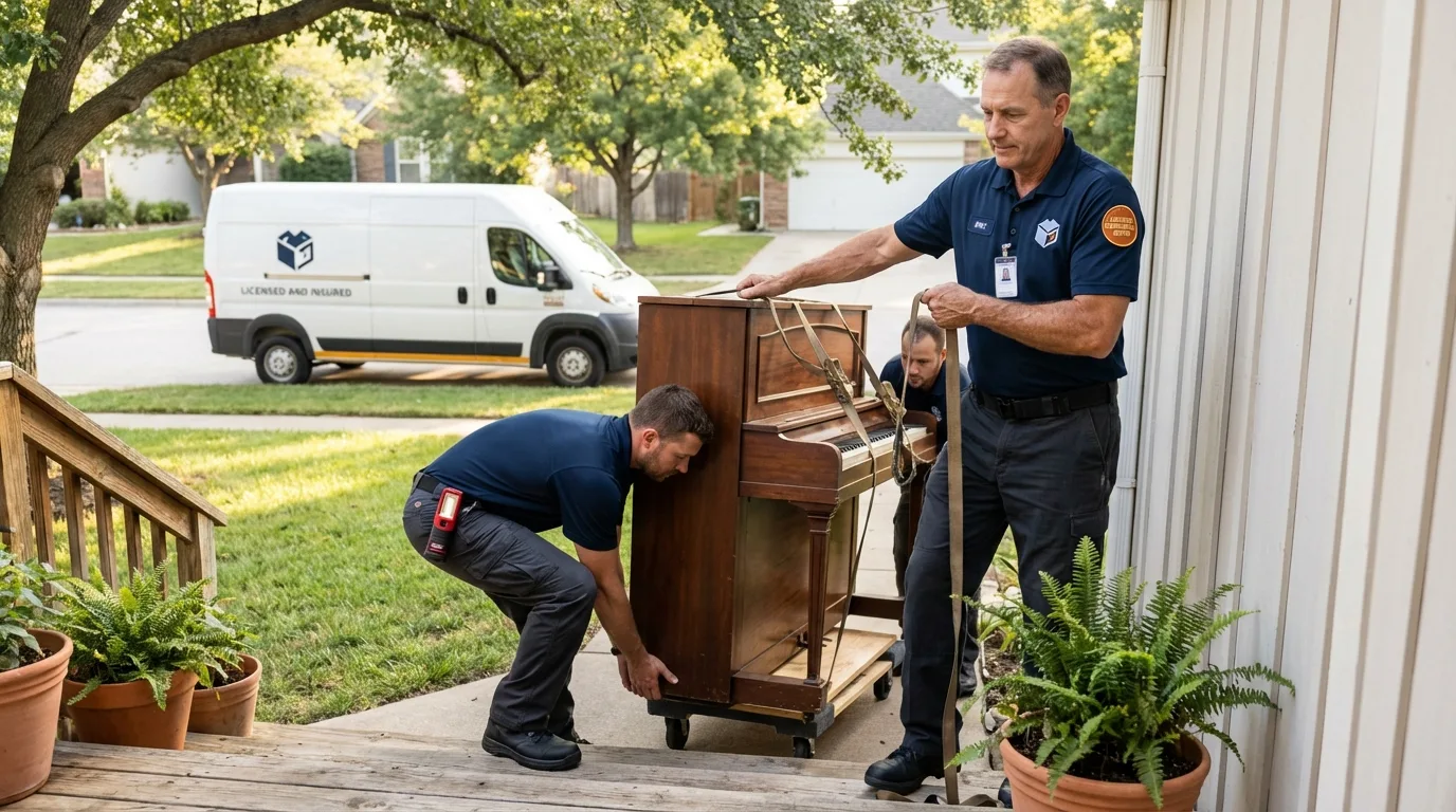 Licensed piano movers securing grand piano in Pemberton, NJ