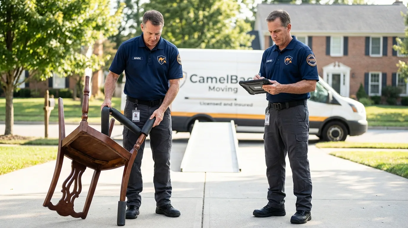 Movers inspecting furniture for damage prevention before loading in Pemberton, NJ